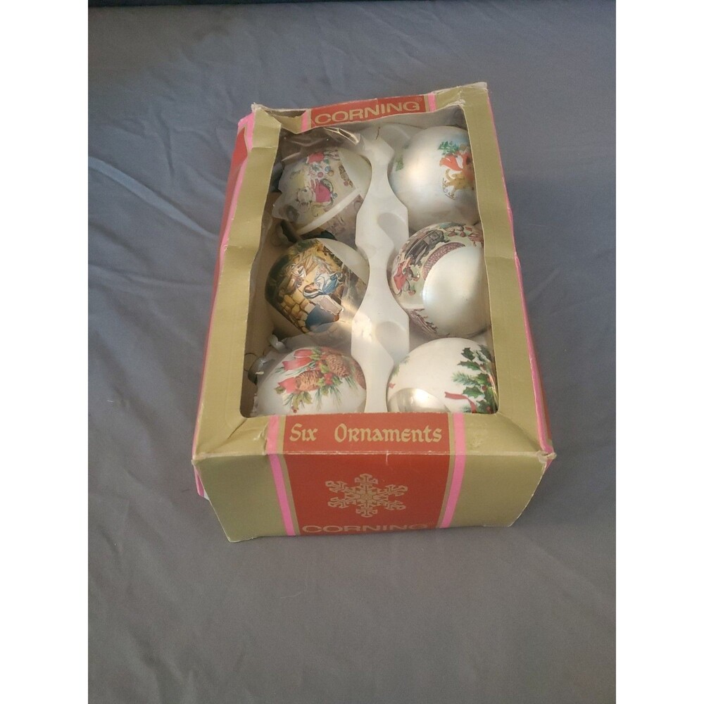 Vintage Corning Glass Christmas Ornaments Mouse  Scenes Set of 6 in Box
